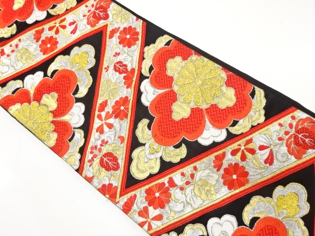 JAPANESE KIMONO / ANTIQUE FUKURO OBI / SILK / WOVEN PAULOWNIA & KIKU
